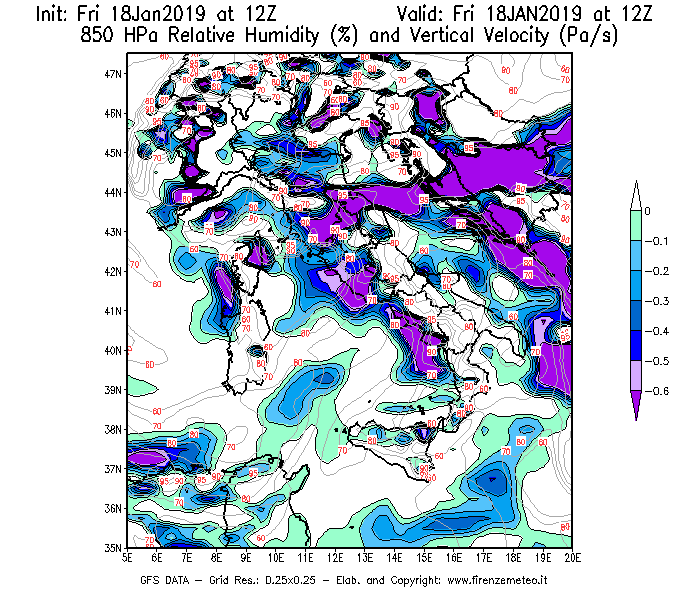 Mappa di analisi GFS - Umidità relativa [%] e Omega [Pa/s] a 850 hPa in Italia
							del 18/01/2019 12 <!--googleoff: index-->UTC<!--googleon: index-->