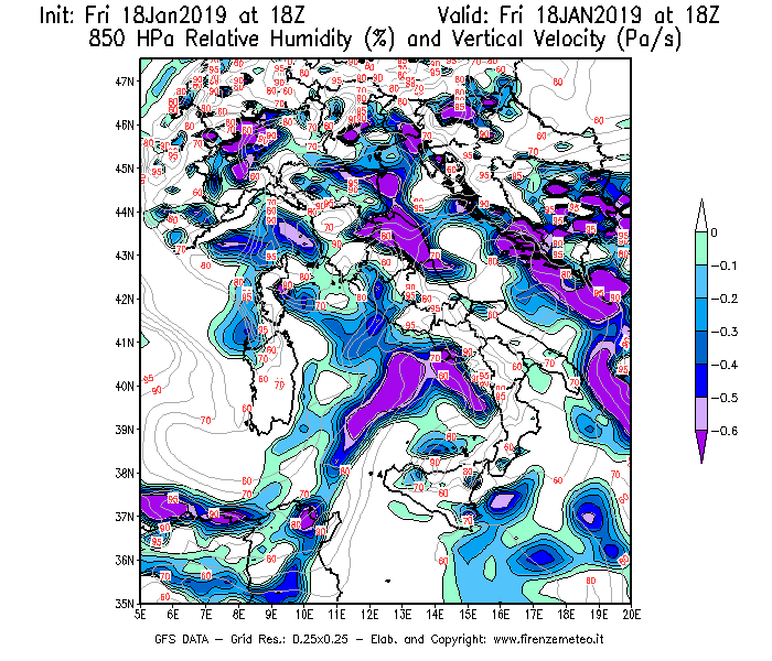 Mappa di analisi GFS - Umidità relativa [%] e Omega [Pa/s] a 850 hPa in Italia
									del 18/01/2019 18 <!--googleoff: index-->UTC<!--googleon: index-->