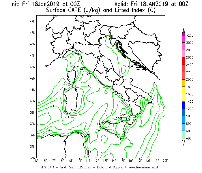 Mappa di analisi GFS - CAPE [J/kg] e Lifted Index [°C] in Italia
									del 18/01/2019 00 <!--googleoff: index-->UTC<!--googleon: index-->