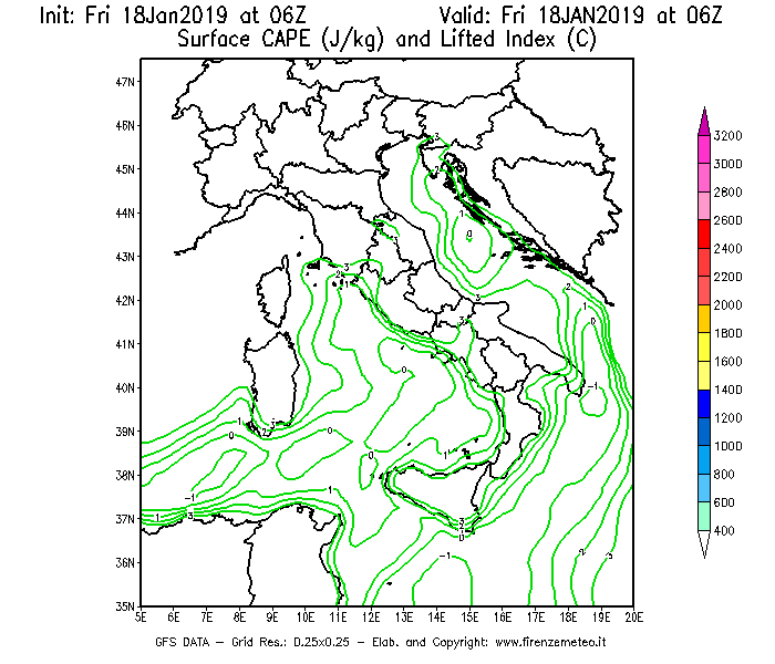 Mappa di analisi GFS - CAPE [J/kg] e Lifted Index [°C] in Italia
							del 18/01/2019 06 <!--googleoff: index-->UTC<!--googleon: index-->