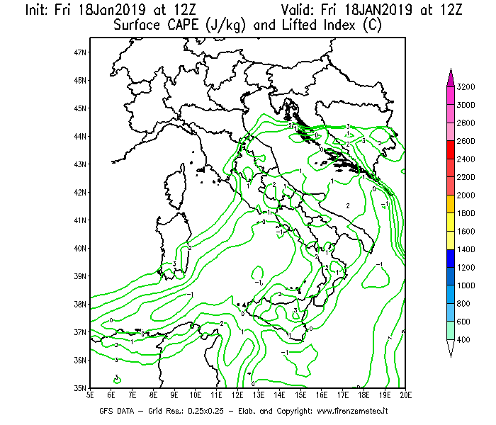 Mappa di analisi GFS - CAPE [J/kg] e Lifted Index [°C] in Italia
							del 18/01/2019 12 <!--googleoff: index-->UTC<!--googleon: index-->