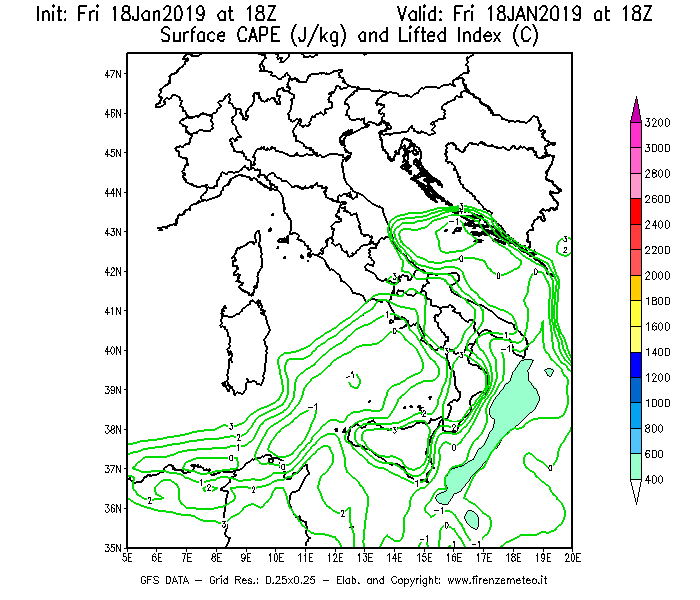 Mappa di analisi GFS - CAPE [J/kg] e Lifted Index [°C] in Italia
									del 18/01/2019 18 <!--googleoff: index-->UTC<!--googleon: index-->