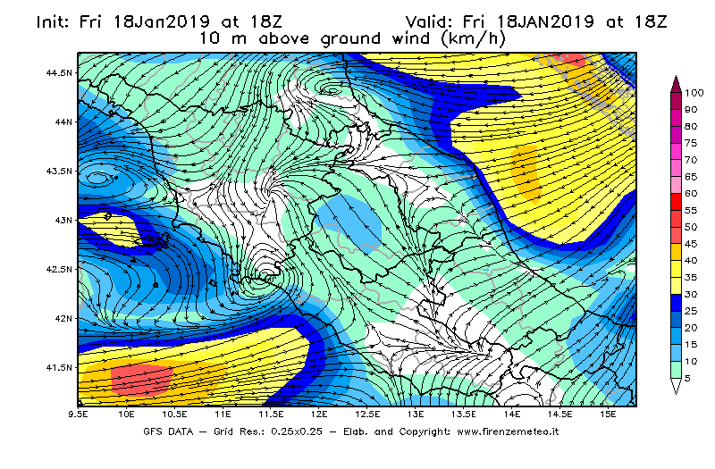 Mappa di analisi GFS - Velocità del vento a 10 metri dal suolo [km/h] in Centro-Italia
									del 18/01/2019 18 <!--googleoff: index-->UTC<!--googleon: index-->