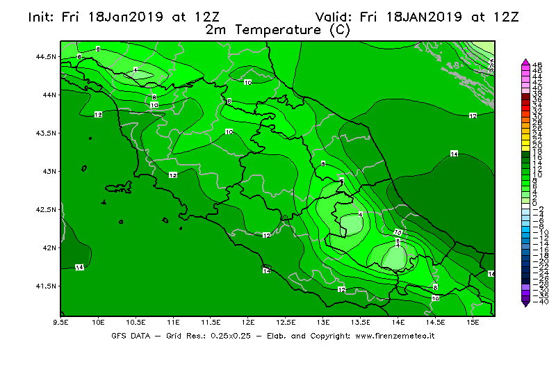 Mappa di analisi GFS - Temperatura a 2 metri dal suolo [°C] in Centro-Italia
									del 18/01/2019 12 <!--googleoff: index-->UTC<!--googleon: index-->