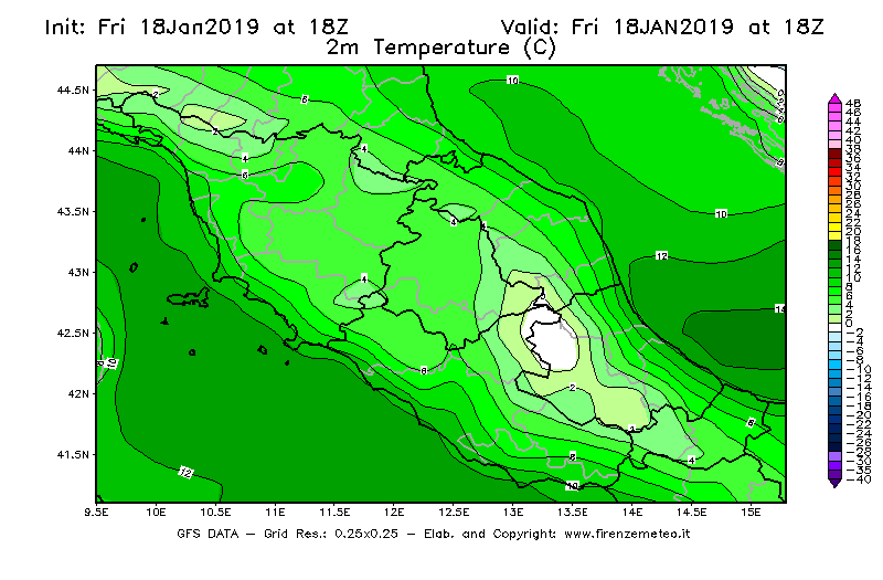 Mappa di analisi GFS - Temperatura a 2 metri dal suolo [°C] in Centro-Italia
							del 18/01/2019 18 <!--googleoff: index-->UTC<!--googleon: index-->