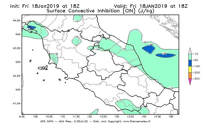 Mappa di analisi GFS - CIN [J/kg] in Centro-Italia
									del 18/01/2019 18 <!--googleoff: index-->UTC<!--googleon: index-->