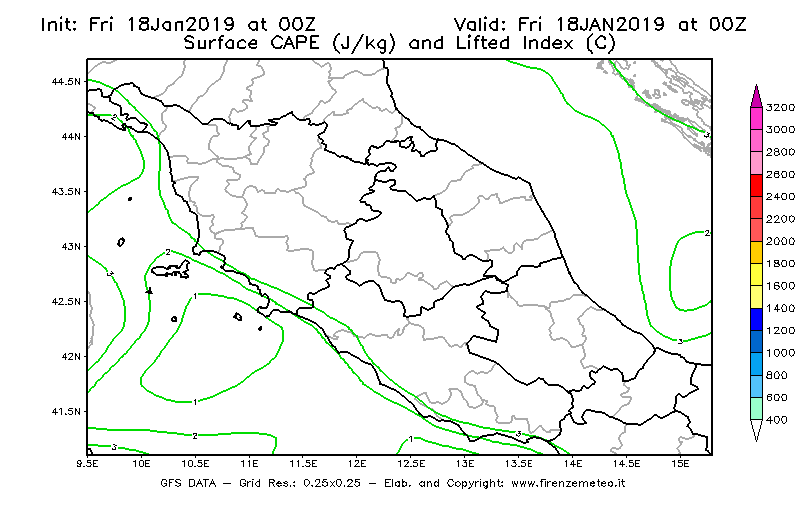 Mappa di analisi GFS - CAPE [J/kg] e Lifted Index [°C] in Centro-Italia
									del 18/01/2019 00 <!--googleoff: index-->UTC<!--googleon: index-->