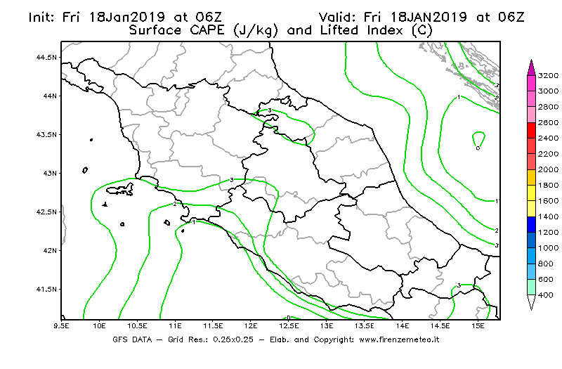 Mappa di analisi GFS - CAPE [J/kg] e Lifted Index [°C] in Centro-Italia
							del 18/01/2019 06 <!--googleoff: index-->UTC<!--googleon: index-->