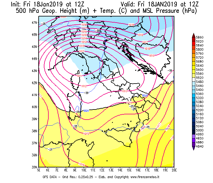 Mappa di analisi GFS - Geopotenziale [m] + Temp. [°C] a 500 hPa + Press. a livello del mare [hPa] in Italia
							del 18/01/2019 12 <!--googleoff: index-->UTC<!--googleon: index-->