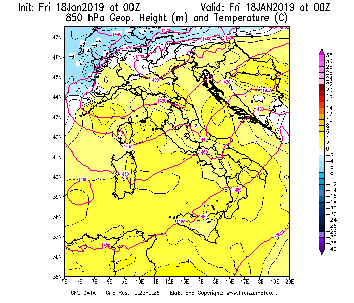 Mappa di analisi GFS - Geopotenziale [m] e Temperatura [°C] a 850 hPa in Italia
									del 18/01/2019 00 <!--googleoff: index-->UTC<!--googleon: index-->