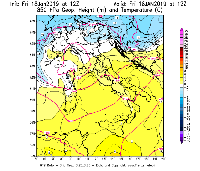Mappa di analisi GFS - Geopotenziale [m] e Temperatura [°C] a 850 hPa in Italia
							del 18/01/2019 12 <!--googleoff: index-->UTC<!--googleon: index-->