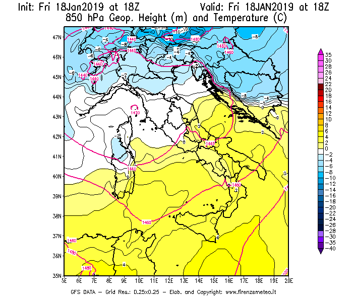 Mappa di analisi GFS - Geopotenziale [m] e Temperatura [°C] a 850 hPa in Italia
									del 18/01/2019 18 <!--googleoff: index-->UTC<!--googleon: index-->