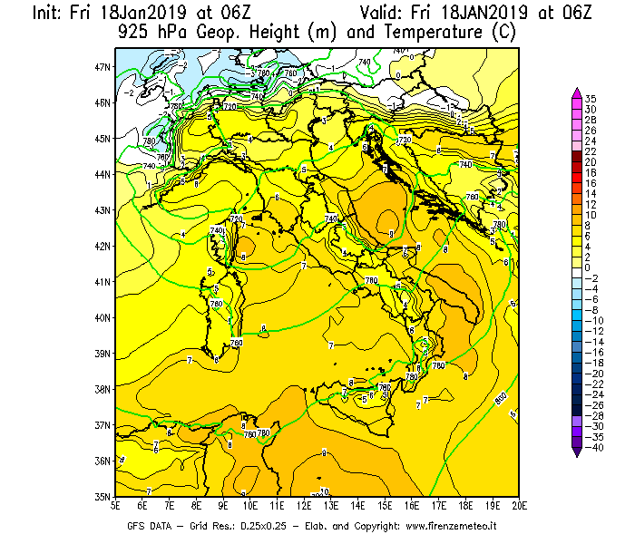 Mappa di analisi GFS - Geopotenziale [m] e Temperatura [°C] a 925 hPa in Italia
							del 18/01/2019 06 <!--googleoff: index-->UTC<!--googleon: index-->
