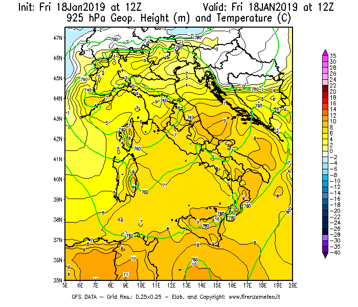 Mappa di analisi GFS - Geopotenziale [m] e Temperatura [°C] a 925 hPa in Italia
									del 18/01/2019 12 <!--googleoff: index-->UTC<!--googleon: index-->