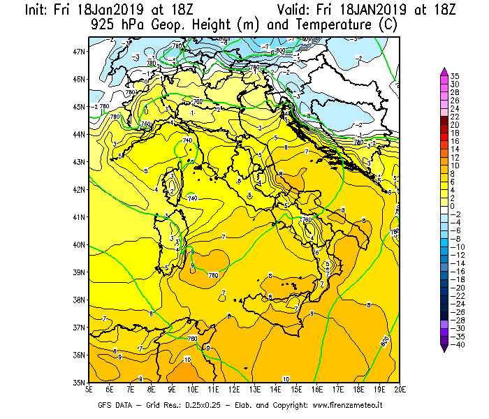 Mappa di analisi GFS - Geopotenziale [m] e Temperatura [°C] a 925 hPa in Italia
									del 18/01/2019 18 <!--googleoff: index-->UTC<!--googleon: index-->