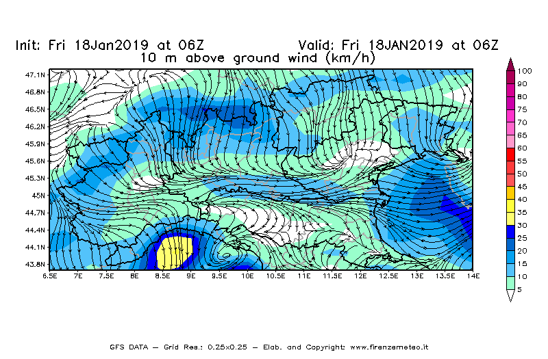Mappa di analisi GFS - Velocità del vento a 10 metri dal suolo [km/h] in Nord-Italia
									del 18/01/2019 06 <!--googleoff: index-->UTC<!--googleon: index-->
