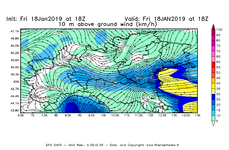 Mappa di analisi GFS - Velocità del vento a 10 metri dal suolo [km/h] in Nord-Italia
									del 18/01/2019 18 <!--googleoff: index-->UTC<!--googleon: index-->