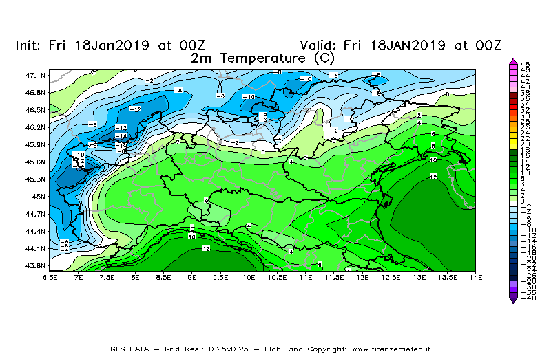 Mappa di analisi GFS - Temperatura a 2 metri dal suolo [°C] in Nord-Italia
							del 18/01/2019 00 <!--googleoff: index-->UTC<!--googleon: index-->