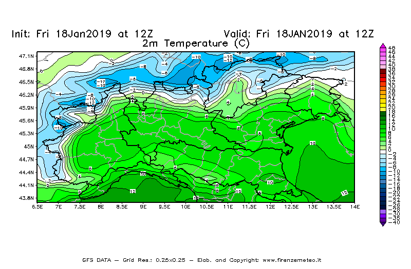 Mappa di analisi GFS - Temperatura a 2 metri dal suolo [°C] in Nord-Italia
									del 18/01/2019 12 <!--googleoff: index-->UTC<!--googleon: index-->