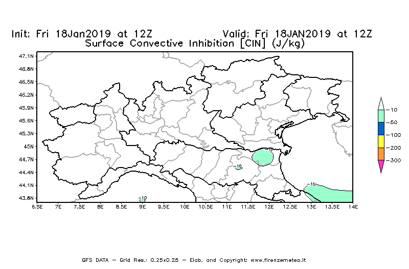 Mappa di analisi GFS - CIN [J/kg] in Nord-Italia
									del 18/01/2019 12 <!--googleoff: index-->UTC<!--googleon: index-->