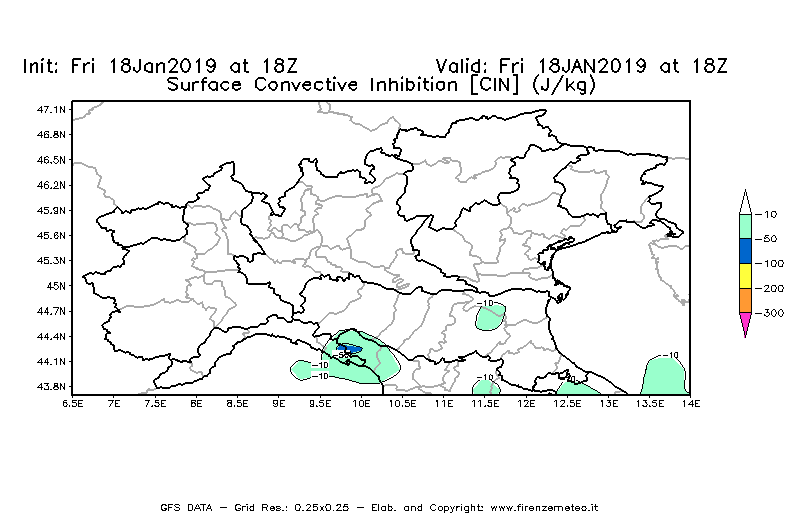 Mappa di analisi GFS - CIN [J/kg] in Nord-Italia
							del 18/01/2019 18 <!--googleoff: index-->UTC<!--googleon: index-->
