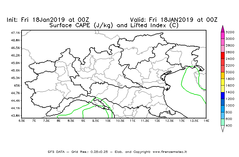 Mappa di analisi GFS - CAPE [J/kg] e Lifted Index [°C] in Nord-Italia
									del 18/01/2019 00 <!--googleoff: index-->UTC<!--googleon: index-->