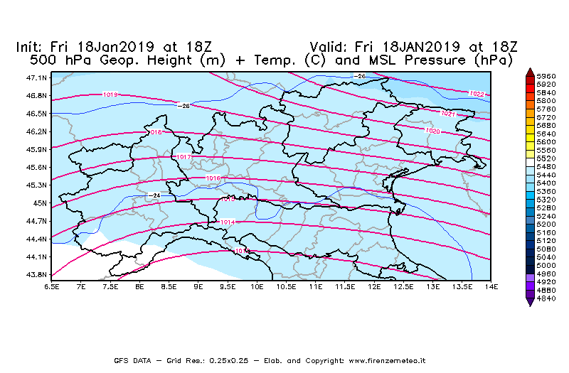 Mappa di analisi GFS - Geopotenziale [m] + Temp. [°C] a 500 hPa + Press. a livello del mare [hPa] in Nord-Italia
									del 18/01/2019 18 <!--googleoff: index-->UTC<!--googleon: index-->