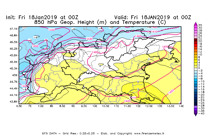 Mappa di analisi GFS - Geopotenziale [m] e Temperatura [°C] a 850 hPa in Nord-Italia
									del 18/01/2019 00 <!--googleoff: index-->UTC<!--googleon: index-->