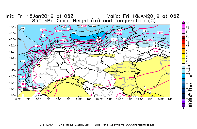 Mappa di analisi GFS - Geopotenziale [m] e Temperatura [°C] a 850 hPa in Nord-Italia
							del 18/01/2019 06 <!--googleoff: index-->UTC<!--googleon: index-->
