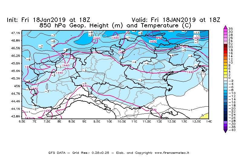 Mappa di analisi GFS - Geopotenziale [m] e Temperatura [°C] a 850 hPa in Nord-Italia
									del 18/01/2019 18 <!--googleoff: index-->UTC<!--googleon: index-->