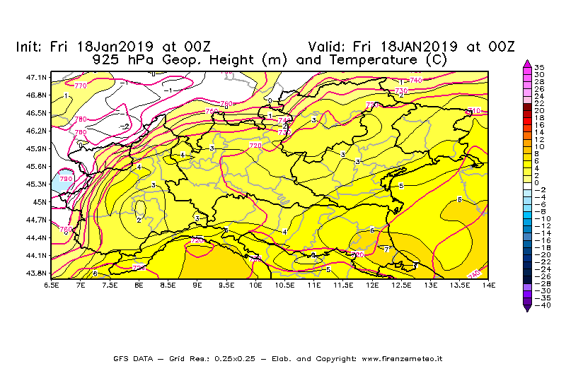 Mappa di analisi GFS - Geopotenziale [m] e Temperatura [°C] a 925 hPa in Nord-Italia
							del 18/01/2019 00 <!--googleoff: index-->UTC<!--googleon: index-->