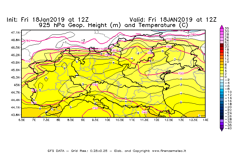 Mappa di analisi GFS - Geopotenziale [m] e Temperatura [°C] a 925 hPa in Nord-Italia
									del 18/01/2019 12 <!--googleoff: index-->UTC<!--googleon: index-->