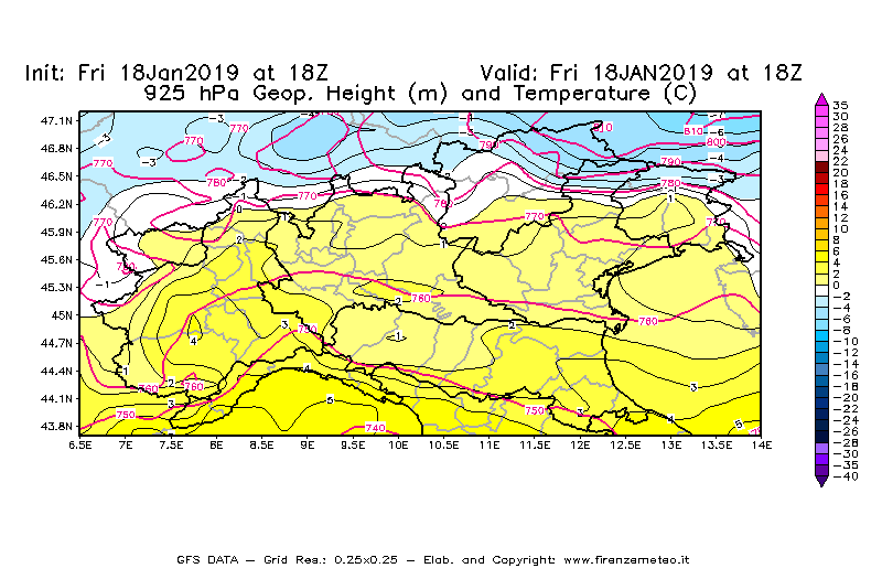Mappa di analisi GFS - Geopotenziale [m] e Temperatura [°C] a 925 hPa in Nord-Italia
							del 18/01/2019 18 <!--googleoff: index-->UTC<!--googleon: index-->