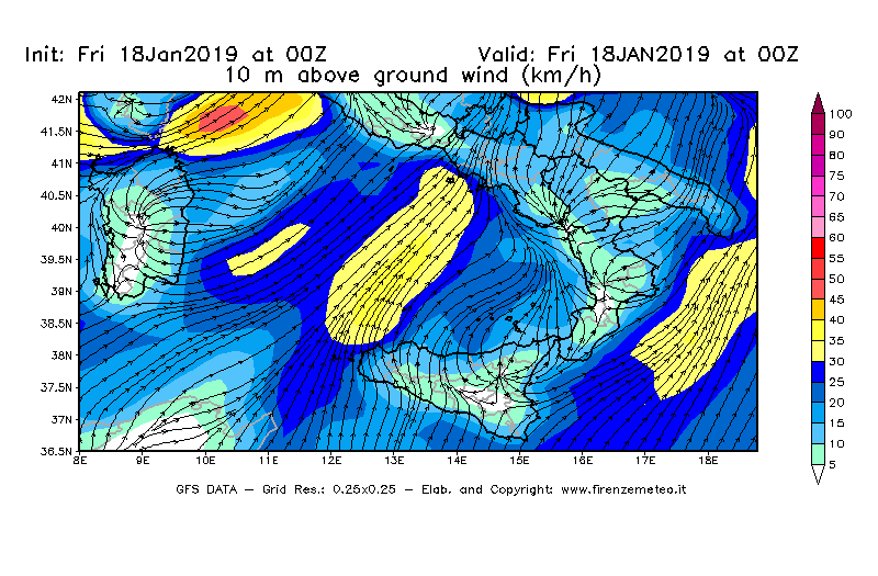 Mappa di analisi GFS - Velocità del vento a 10 metri dal suolo [km/h] in Sud-Italia
									del 18/01/2019 00 <!--googleoff: index-->UTC<!--googleon: index-->