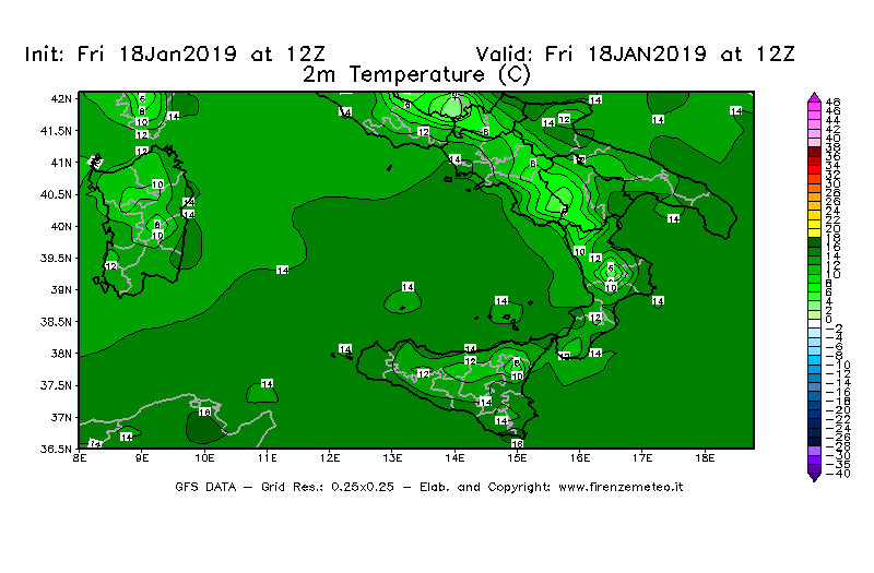 Mappa di analisi GFS - Temperatura a 2 metri dal suolo [°C] in Sud-Italia
							del 18/01/2019 12 <!--googleoff: index-->UTC<!--googleon: index-->