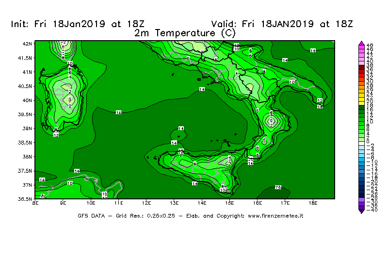 Mappa di analisi GFS - Temperatura a 2 metri dal suolo [°C] in Sud-Italia
									del 18/01/2019 18 <!--googleoff: index-->UTC<!--googleon: index-->