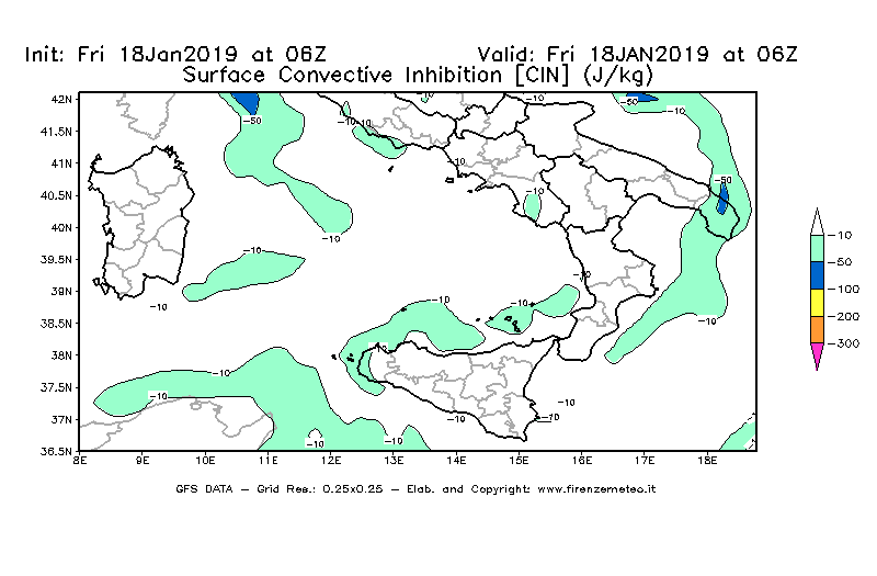 Mappa di analisi GFS - CIN [J/kg] in Sud-Italia
							del 18/01/2019 06 <!--googleoff: index-->UTC<!--googleon: index-->