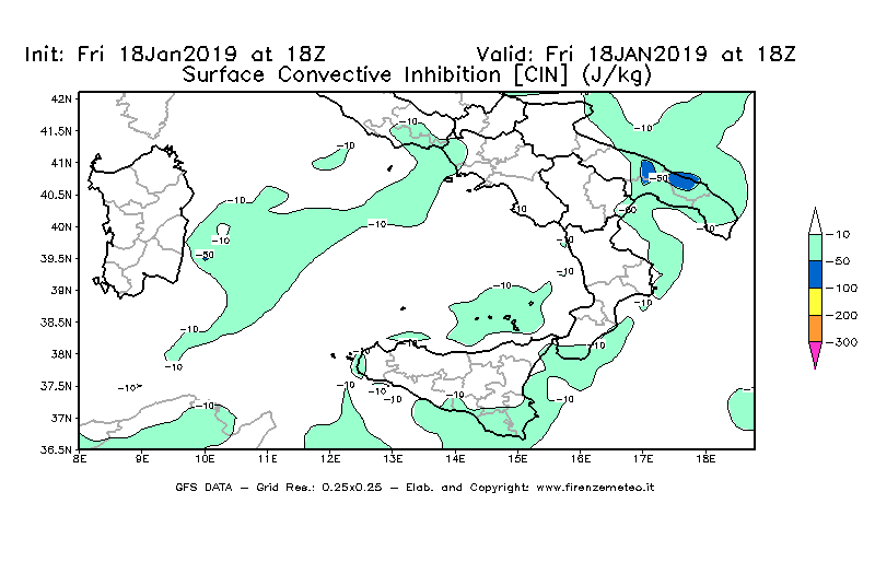 Mappa di analisi GFS - CIN [J/kg] in Sud-Italia
							del 18/01/2019 18 <!--googleoff: index-->UTC<!--googleon: index-->