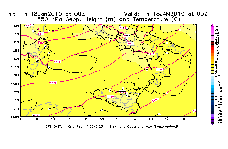 Mappa di analisi GFS - Geopotenziale [m] e Temperatura [°C] a 850 hPa in Sud-Italia
							del 18/01/2019 00 <!--googleoff: index-->UTC<!--googleon: index-->