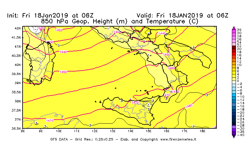 Mappa di analisi GFS - Geopotenziale [m] e Temperatura [°C] a 850 hPa in Sud-Italia
							del 18/01/2019 06 <!--googleoff: index-->UTC<!--googleon: index-->