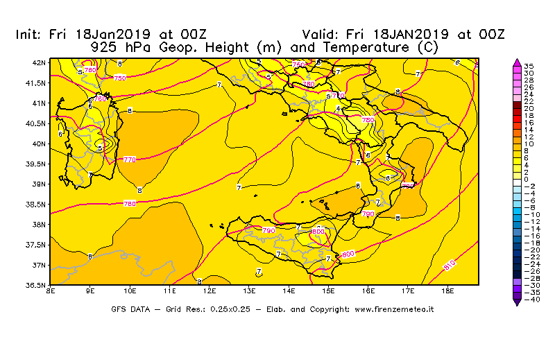 Mappa di analisi GFS - Geopotenziale [m] e Temperatura [°C] a 925 hPa in Sud-Italia
									del 18/01/2019 00 <!--googleoff: index-->UTC<!--googleon: index-->