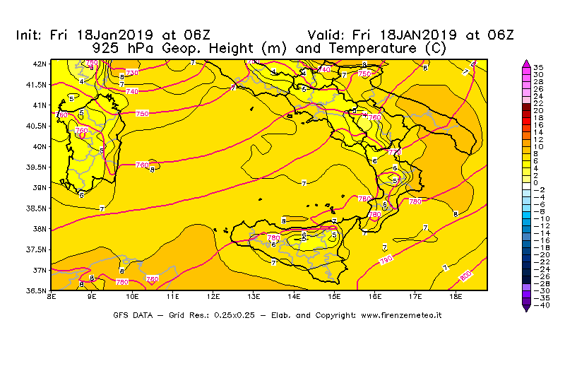 Mappa di analisi GFS - Geopotenziale [m] e Temperatura [°C] a 925 hPa in Sud-Italia
									del 18/01/2019 06 <!--googleoff: index-->UTC<!--googleon: index-->