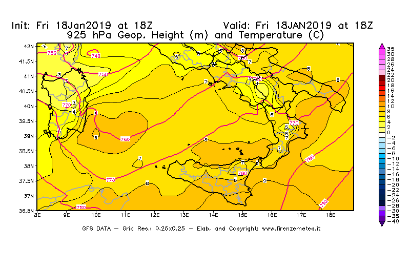 Mappa di analisi GFS - Geopotenziale [m] e Temperatura [°C] a 925 hPa in Sud-Italia
							del 18/01/2019 18 <!--googleoff: index-->UTC<!--googleon: index-->