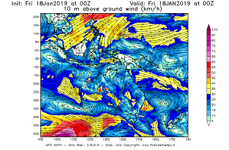 Mappa di analisi GFS - Velocità del vento a 10 metri dal suolo [km/h] in Oceania
									del 18/01/2019 00 <!--googleoff: index-->UTC<!--googleon: index-->