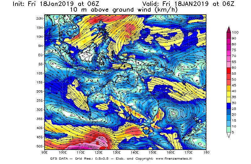 Mappa di analisi GFS - Velocità del vento a 10 metri dal suolo [km/h] in Oceania
							del 18/01/2019 06 <!--googleoff: index-->UTC<!--googleon: index-->