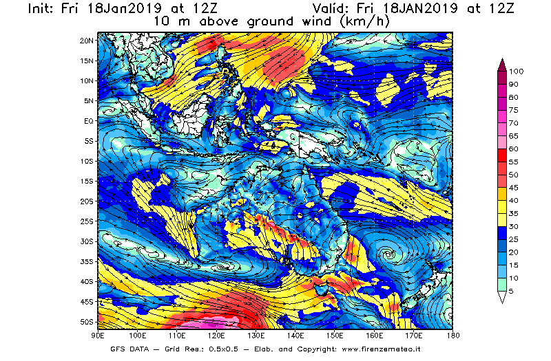 Mappa di analisi GFS - Velocità del vento a 10 metri dal suolo [km/h] in Oceania
									del 18/01/2019 12 <!--googleoff: index-->UTC<!--googleon: index-->