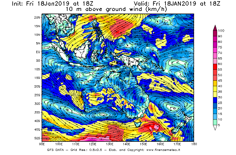 Mappa di analisi GFS - Velocità del vento a 10 metri dal suolo [km/h] in Oceania
							del 18/01/2019 18 <!--googleoff: index-->UTC<!--googleon: index-->