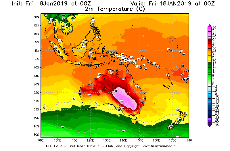 Mappa di analisi GFS - Temperatura a 2 metri dal suolo [°C] in Oceania
							del 18/01/2019 00 <!--googleoff: index-->UTC<!--googleon: index-->
