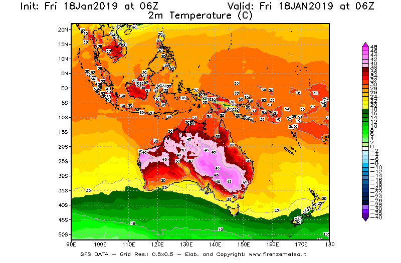 Mappa di analisi GFS - Temperatura a 2 metri dal suolo [°C] in Oceania
							del 18/01/2019 06 <!--googleoff: index-->UTC<!--googleon: index-->