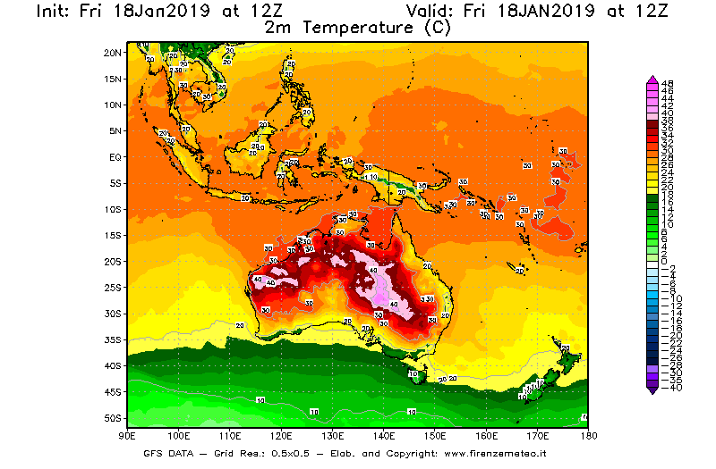 Mappa di analisi GFS - Temperatura a 2 metri dal suolo [°C] in Oceania
							del 18/01/2019 12 <!--googleoff: index-->UTC<!--googleon: index-->